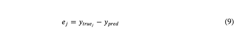 Equation for the definition of e_j, the difference between the vectors y_true_j (the jth outside word in the window) and y_pred (the network prediction)